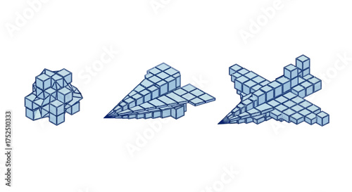A set of three flying vehicles, a satellite, space shuttle, and jet, constructed from blue cubes.