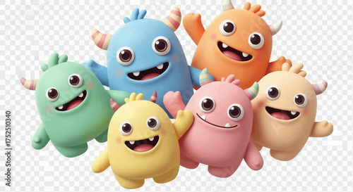 A group of six colorful, cartoonish monsters with horns, big eyes, and friendly smiles, posing together.