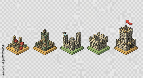 A progression of pixel art castles, from simple block structures to a fully formed fortress with a flag.