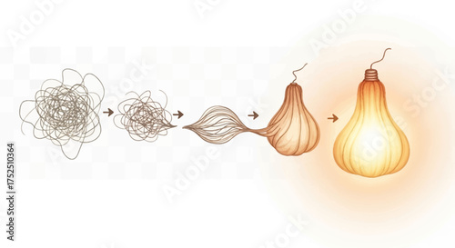 Visual metaphor of an idea's evolution from tangled thoughts to a clear, glowing solution.