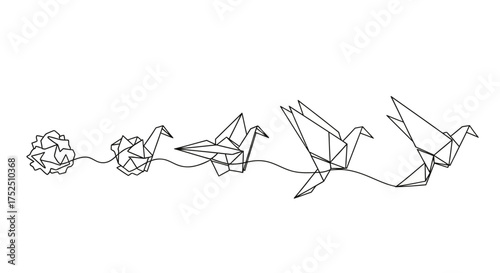 Evolution of origami paper crane, from crumpled ball to flying bird, line art.