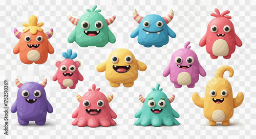 A group of six colorful, cartoonish monsters with horns, big eyes, and friendly smiles, posing together.