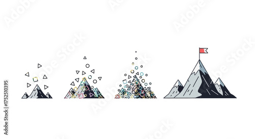 A visual representation of progress and achievement, showing abstract shapes building into a mountain with a flag on its peak.
