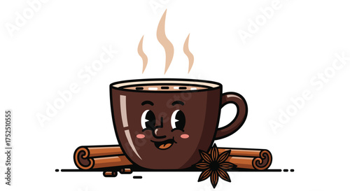 Delightful cartoon coffee mug steaming with cinnamon sticks and star anise brings a cozy, comforting feeling that's perfect for autumn themes