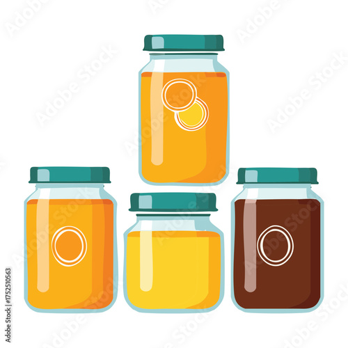 Group of Various-Sized Glass Jars Filled with Golden Honey and Dark Jam, Arranged for Market or Shelf - Vector Illustration