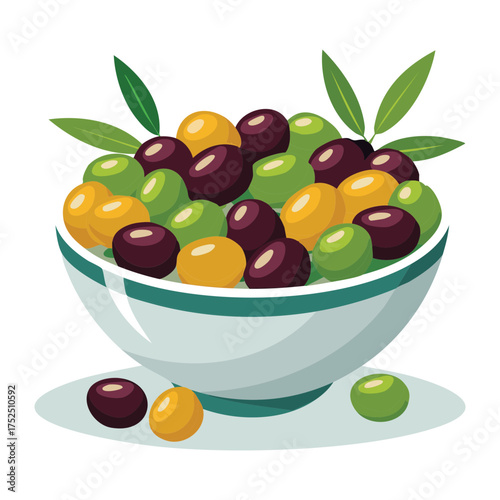 Generous Serving of Whole Mixed Green and Black Olives in a Round Bowl for Sharing as a Delightful Appetizer - Vector Illustration