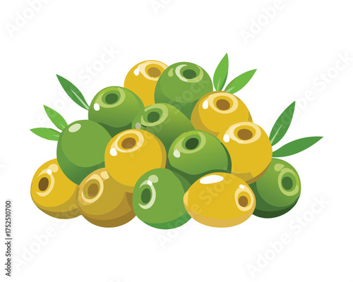 A delightful, vibrant heap of large, whole green olives with fresh leaves, excellent for cooking or a gourmet snack - Vector Illustration