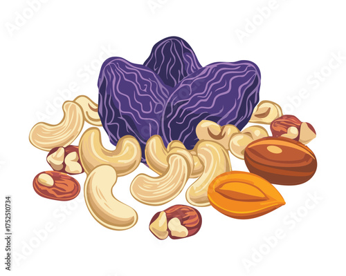 Creative arrangement of dried purple plums or raisins with rich golden cashews scattered around a small pile - Vector Illustration