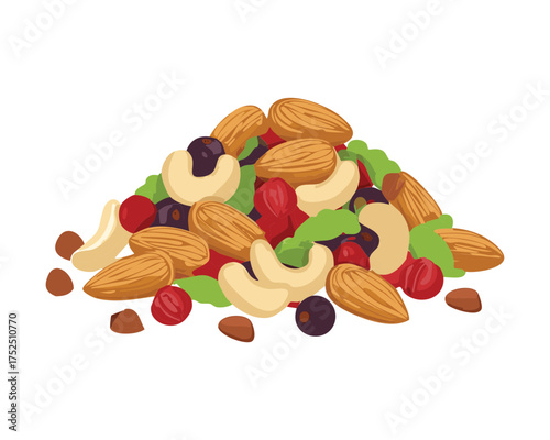 A large, appealing mound of assorted nuts, berries, and seeds including cashews, almonds, and cranberries perfect for a healthy trail mix - Vector Illustration