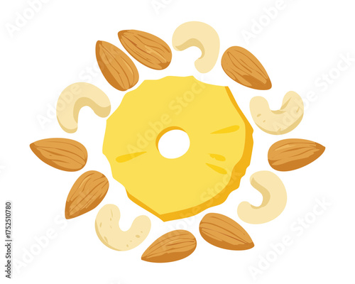Creative arrangement of golden cashew nuts and sliced almonds surrounding a central ring of dried tropical pineapple fruit - Vector Illustration