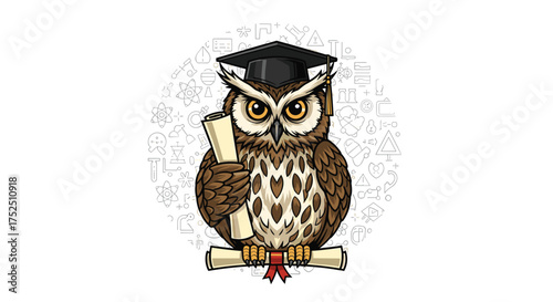 Celebrate scholastic achievement with this adorable owl graduate holding diploma, perfect for educational materials or graduation announcements and party invites