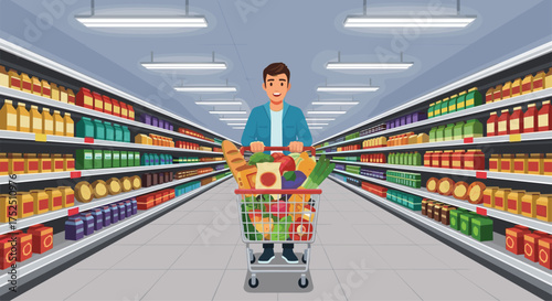 Grocery shopping bliss as a man pushes a full cart through brightly lit aisles, stocking up on fresh produce and pantry staples for a healthy lifestyle