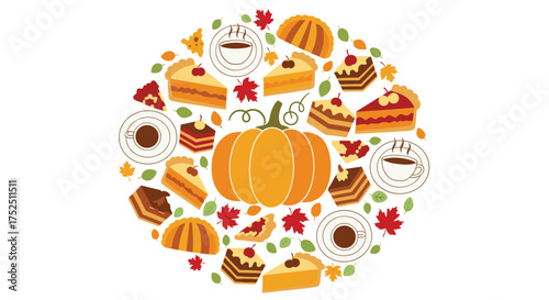 Festive autumn treats featuring pumpkin, pie slices, and coffee for seasonal celebrations, evoking warmth and deliciousness for fall festivities