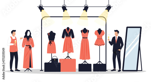 Sophisticated fashion boutique showcase featuring elegant dresses, stylish staff, and a modern mirror reflecting a chic and upscale shopping experience