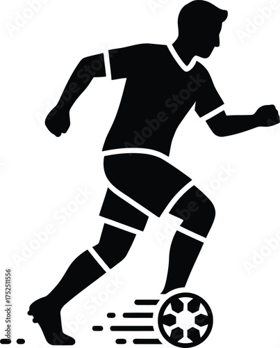 Silhouette of a soccer player dribbling a ball in motion