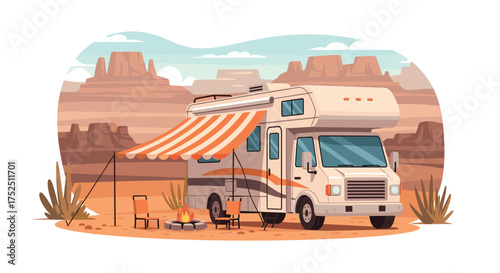 Escape to the Desert with this Cozy RV Campsite Illustration, Perfect for Travel Blogs and Outdoor Adventure Promotions under a Bright Sky