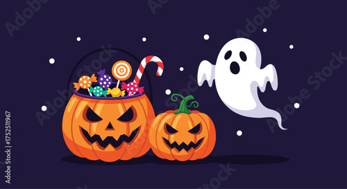 Spooky Halloween night scene with cute pumpkins, a friendly ghost, and a bucket overflowing with colorful candy for festive trick or treating fun