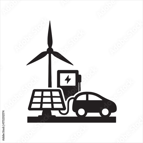 Renewable Energy Sources Powering Electric Car with Solar Panel and Wind Turbine Symbolizing Sustainable Transportation and Eco Friendly Technology for a Greener Future silhouette