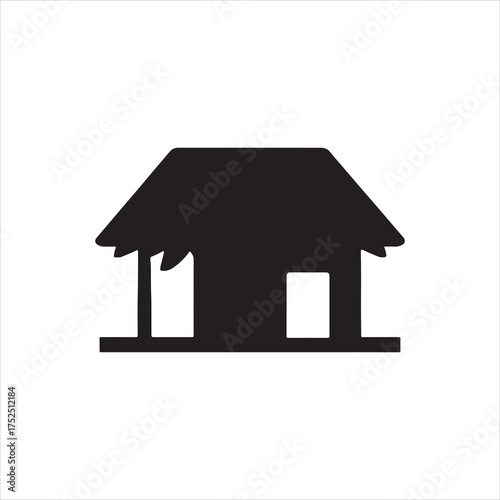 Simple black silhouette of a small hut house construction icon design ideal for travel brochures or architectural plans depicting rural countryside lodgings isolated on white backdrop silhouette
