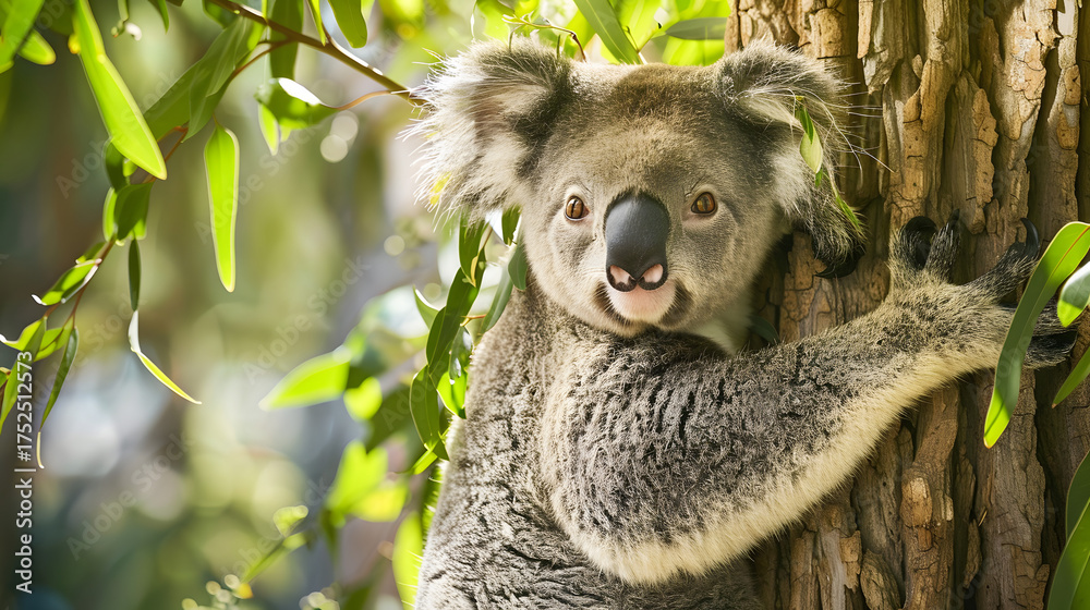 Fototapeta premium Koala clinging to tree with green leaves