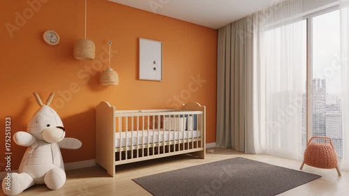 A little kid's room with soft colored wallpaper and a wooden bed.