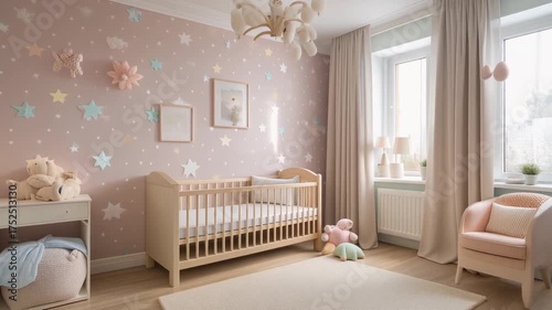 A little kid's room with soft colored wallpaper and a wooden bed.