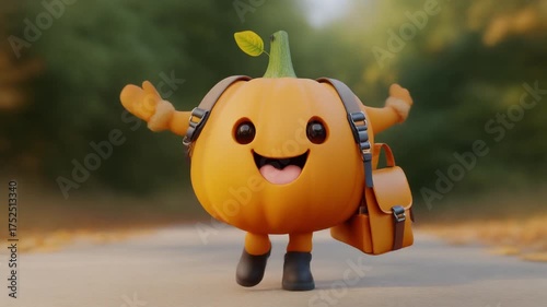 A pumpkin with a cute face is walking excitedly with a bag.