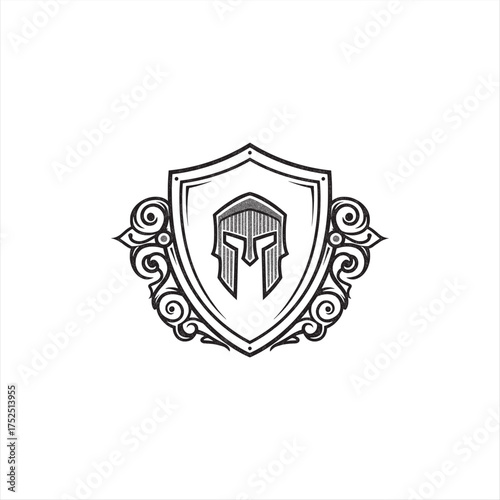 Monochrome Crest Featuring a Stylized Spartan Helmet and Ornate Details