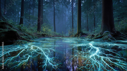 A magical forest with a glowing mycorrhizal network connecting the roots of trees, a metaphor for synergy.