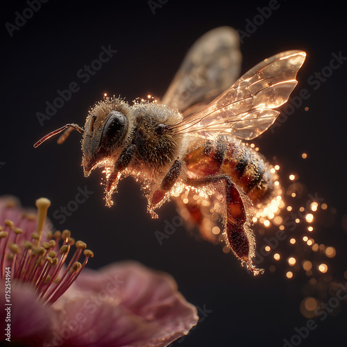 A glowing bee transfers pollen between flowers, a macro shot symbolizing synergistic cross-pollination.