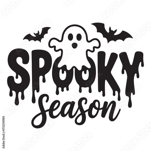 Whimsical Halloween Graphic Featuring Ghost Bats and Dripping Letters for Spooky Season Charm