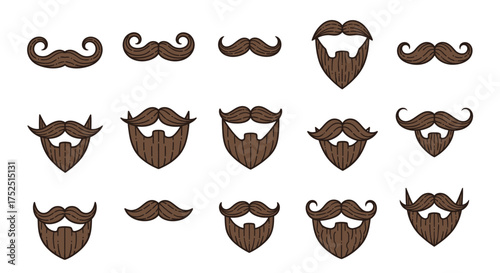 Collection of cartoon beards and mustaches in various shapes and styles, isolated on white.
