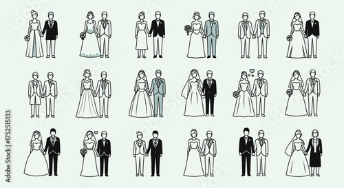 A collection of wedding couple illustrations in various poses and styles.