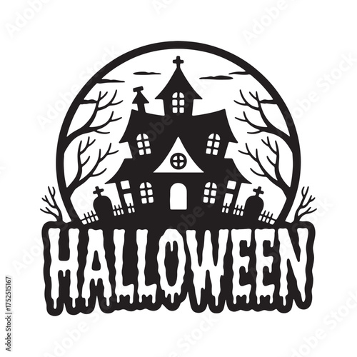 Eerie Halloween Silhouette A Spooky Haunted House Graveyard and Dripping Halloween Text in a Circular Frame Against a White Background