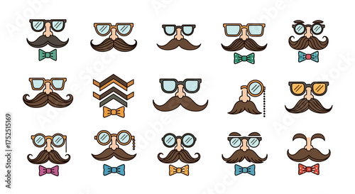 Collection of cartoon faces with mustaches, glasses and bow ties.