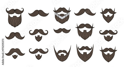 Collection of cartoon beards and mustaches in various shapes and styles.
