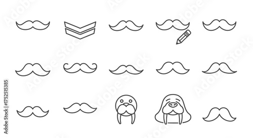 A collection of mustache and walrus illustrations in a row.