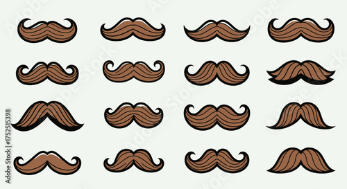 Collection of brown mustaches in various styles on a light background, showcasing different mustache designs.