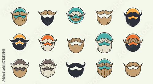 Collection of various beard and mustache styles in circular frames, showcasing diverse facial hair designs.