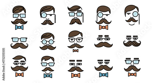 Collection of cartoon faces with mustaches, glasses, and bow ties, showcasing various styles and expressions.