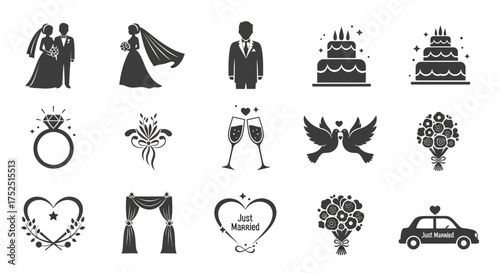 A collection of wedding-themed icons, including a bride and groom, cake, ring, and car.