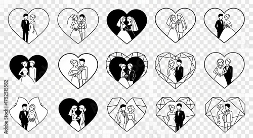 Collection of wedding couple illustrations in heart shapes, black and white line art.