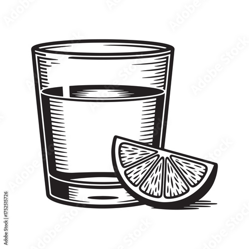 Tequila Shot and Lime Slice in Black and White Woodcut Style Illustration with Striking Detail and Classic Design
