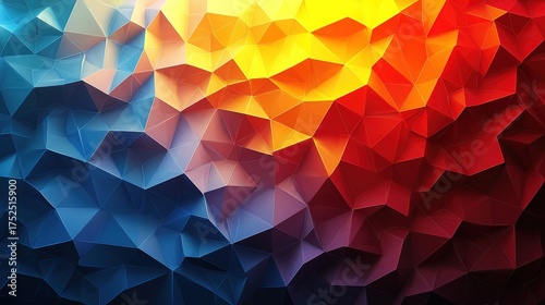 Vibrant vector background with low - poly geometric shapes in red, orange, yellow, blue, great for creative projects
