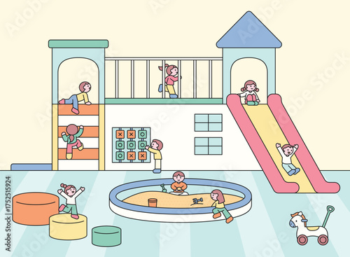 Children playing together at a playground with slides, climbing, sandbox, and toys in a cheerful and safe environment.