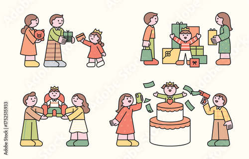 Children celebrating a luxurious birthday with many gifts, money, and joyful family moments showing modern consumption culture.
