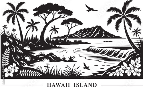 Black silhouette vector illustration of Hawaii island landscape with palm trees ocean volcano and birds