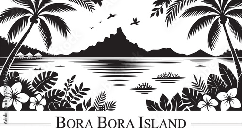 Bora Bora island tropical landscape black silhouette with ocean bungalows palm trees and mountain