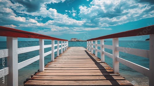 Wooden pier with white and red railings leading to the sea, blue sky and clouds, old bathhouse in distance
