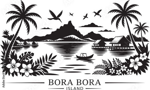 Bora Bora Island vector design tropical landscape water bungalows palm trees birds mountains